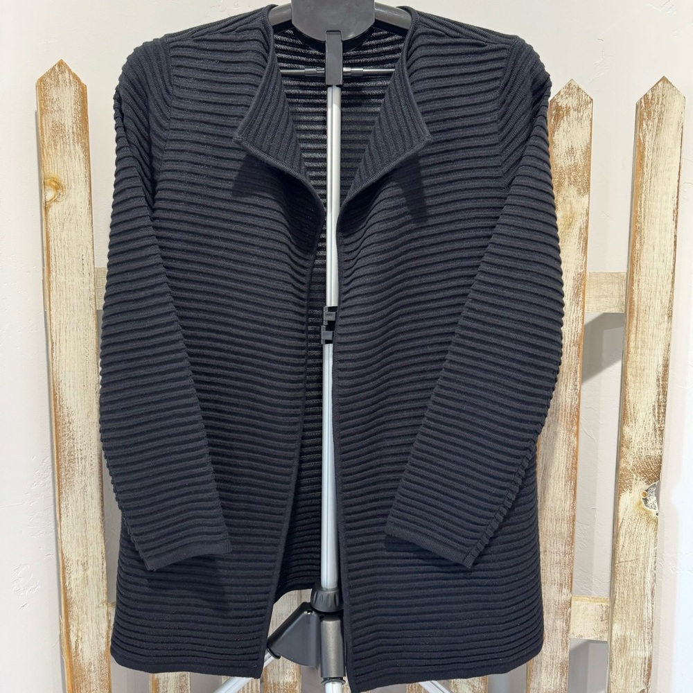Talbots Black Modern Ottoman Ribbed Open Front Knit Cardigan Sweater Size LP
